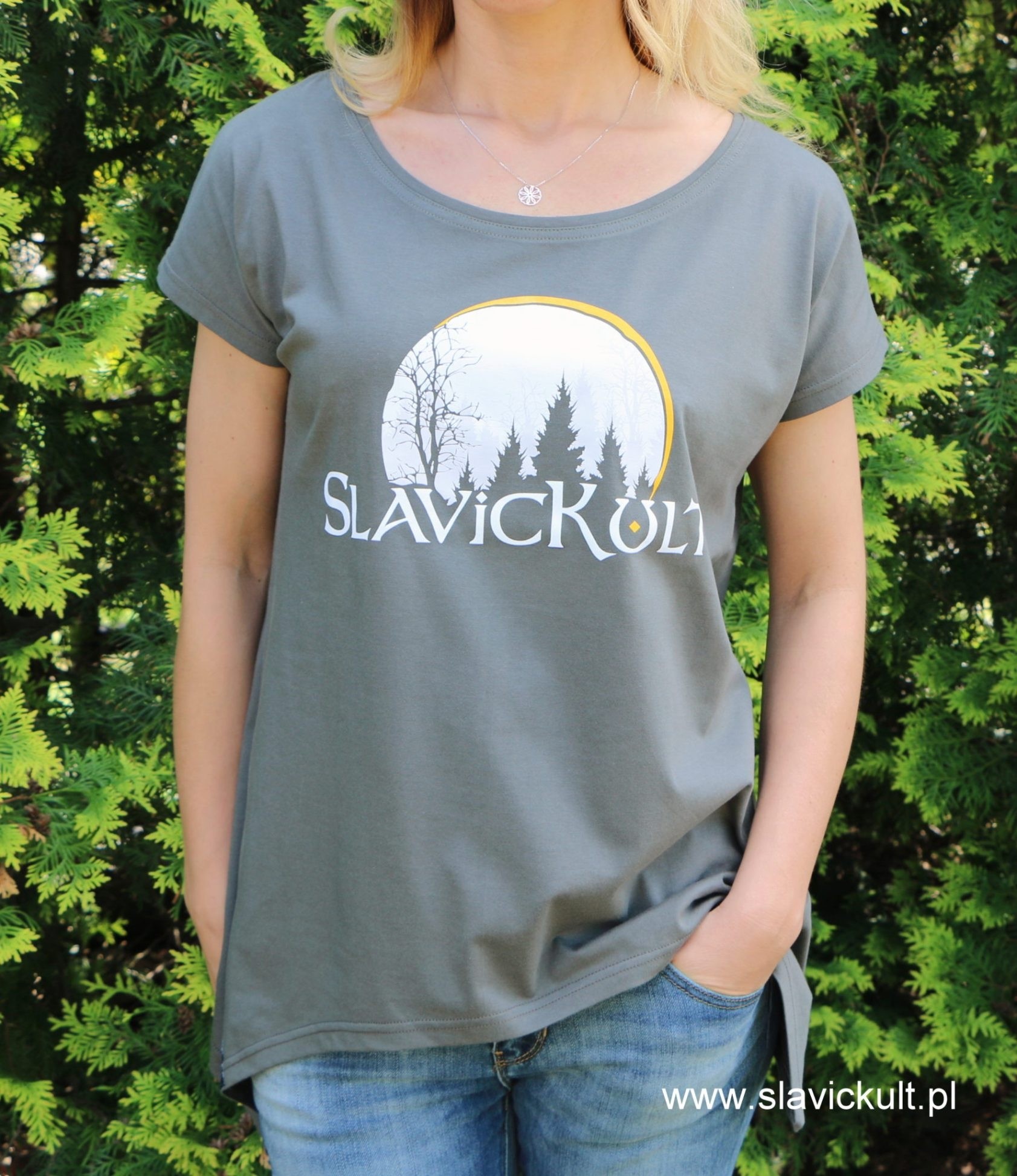 Koszulka Slavickult (Khaki) Damska z przedłużonym bokami